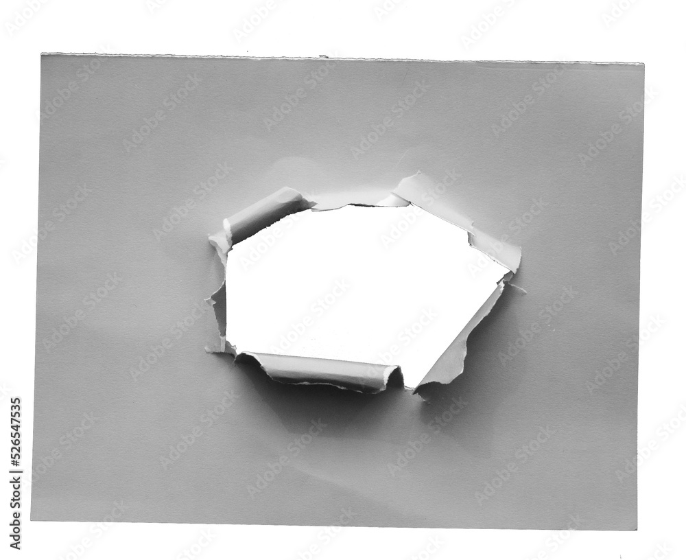 Poster torn paper with the curled ripped sides. a round black hole of torn on the white paper. realistic torn paper with the ripped edges for copy space and text.
