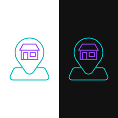 Obraz premium Line Map pin with Shopping building or market store icon isolated on white and black background. Shop construction. Colorful outline concept. Vector