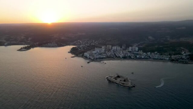 Aerial view of the maiden castle (Kiz Kalesi) in Mersin Turkey.