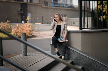 Woman online work outside. Laptop, computer business technology. Student girl working on tablet in summer nature park. People person outdoor. Escaped of office distance education concept