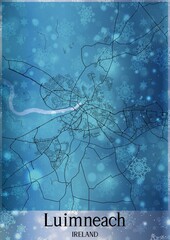 Christmas background, Chirstmas map of Luimneach Ireland, greeting card on blue background.