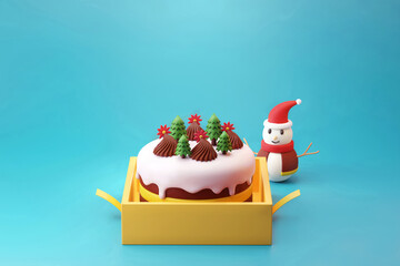 Merry Christmas chocolate cake with cute pine tree and red flower topping in a yellow gift box 3d illustration 
