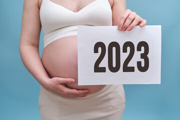 Pregnant woman holding a sheet of paper with the inscription 2023 year, blue background