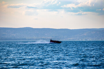 Motor boat Hyperboat at Lake Balaton in the town of Siofok