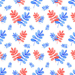 Watercolor Christmas seamless pattern with blue leaves and hat isolated on transparent background.