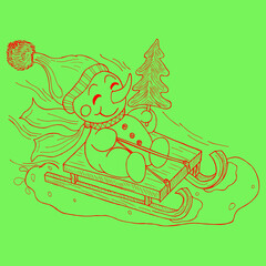 A cheerful snowman riding on a holiday, on a sled with a Christmas tree.