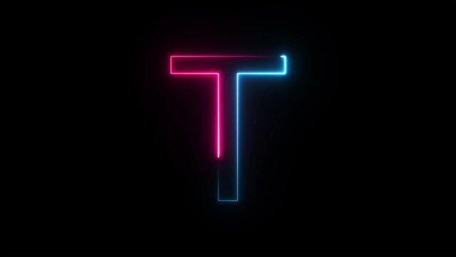 Bright neon glowing light blue pink letter T. Seamless looping animation on black background