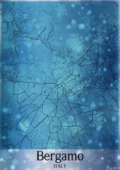 Christmas background, Chirstmas map of Bergamo Italy, greeting card on blue background.