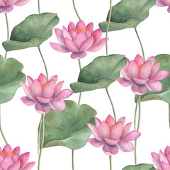 Watercolor seamless pattern with lotus. Hand drawn floral illustration on white background - 526550364