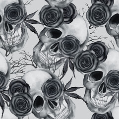 Materiał do szycia Watercolor seamless pattern with skulls and flowers. Black and white drawing by hand.
