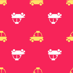 Yellow Pet car taxi icon isolated seamless pattern on red background. Vector