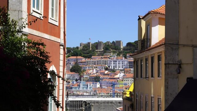 Lisbon, Portugal, view over the downtown Lisbon, rossio square and the castle, blue sky blackground