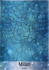 Christmas background, Chirstmas map of Milan Italy, greeting card on blue background.