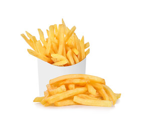 French fries in a white paper box isolated on white background.
