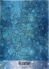 Christmas background, Chirstmas map of Rome Italy, greeting card on blue background.