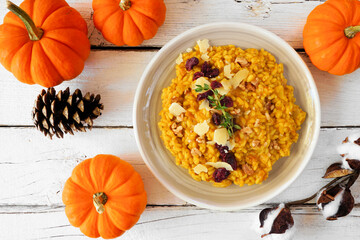 Fall pumpkin risotto with cranberries and parmesan cheese. Top down table scene on a white wood...