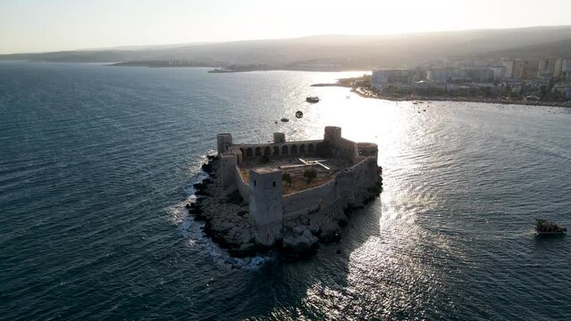 Aerial view of the maiden castle (Kiz Kalesi) in Mersin Turkey.