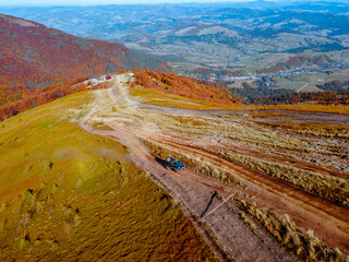 aerial view of off road attraction road to the top of carpathian mountains