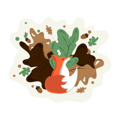 Red fox in autumn leaves. Autumn.