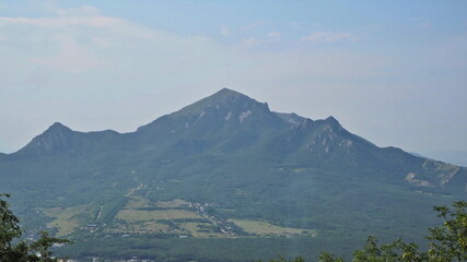 Mountain landscapes. Panoramic view from the observation platforms of Mount Mashuk to Mount Beshtau and the surrounding landscape. Pyatigorsk, North Caucasus, Russia.