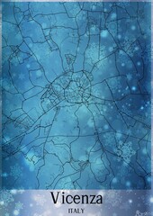 Christmas background, Chirstmas map of Vicenza Italy, greeting card on blue background.