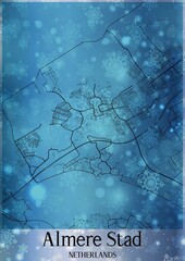 Christmas background, Chirstmas map of Almere Stad Netherlands, greeting card on blue background.