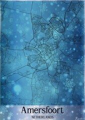 Christmas background, Chirstmas map of Amersfoort Netherlands, greeting card on blue background.