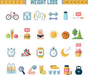 Effective lose weight. Infographic various ways to lose weight of fat unhealthy persons measure icons sport exercises for muscle recent vector template