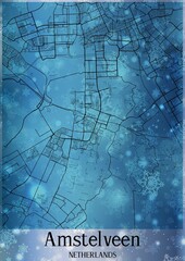 Christmas background, Chirstmas map of Amstelveen Netherlands, greeting card on blue background.