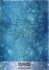 Christmas background, Chirstmas map of Breda Netherlands, greeting card on blue background.
