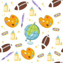 School seamless pattern. Supplies for studying. Cute vector illustration in flat cartoon style