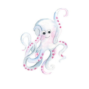 Cute smiling octopus isolated on white background. Watercolor hand drawn illustration. Perfect for kid cards, baby shower, clothes prints, decals.
