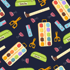 School seamless pattern. Supplies for studying. Cute vector illustration in flat cartoon style on dark background