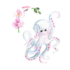 Cute smiling octopus and orchid isolated on white background. Watercolor hand drawn illustration. Perfect for kid cards, baby shower, clothes prints, decals.