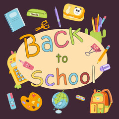 Back to school background with supplies. Cute vector illustration.