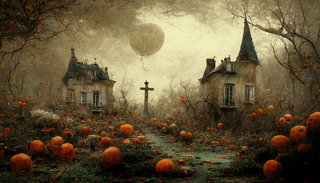witch village with pumpkins illustration for halloween. Halloween night pictures for wall paper.3D illustration. 