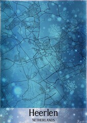 Christmas background, Chirstmas map of Heerlen Netherlands, greeting card on blue background.