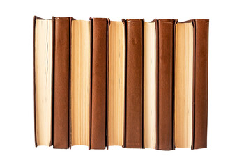 Books row in brown cover isolated on white background. Reading, intelligence concept. Novels textbooks, science, poetry, historical literature.