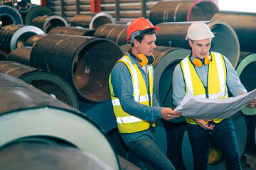 Two engineers, operator with blue print discuss plan project to maintenance manufacture production factory, Teamwork industrial engineer inspect steel metal sheet at warehouse for quality control