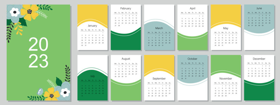 Calendar template for the year 2023. Bright design. A set of pages for 12 months of 2023. Vector illustration. The week starts on Monday.