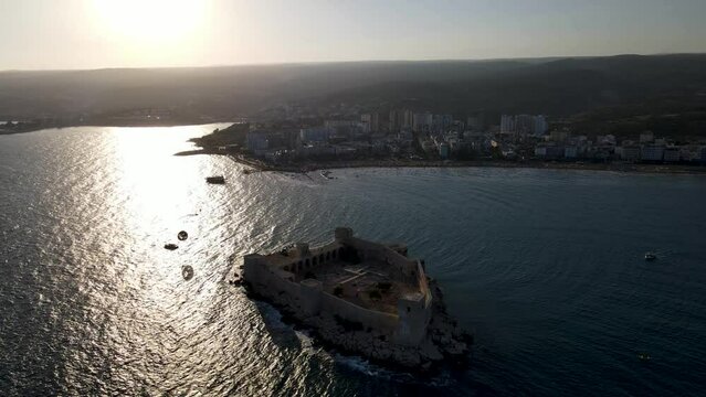 Aerial view of the maiden castle (Kiz Kalesi) in Mersin Turkey.