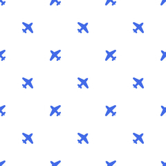Small blue planes isolated on white background. Monochrome seamless pattern. Vector simple flat graphic illustration. Texture.