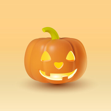 3D realistic funny smiling pumpkin with a cheerful face. Illustration of a cute orange vegetable with inner glow. Isolated vector clipart for Helloween