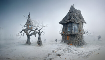 Witch Village with pumpkins in the mist.illustration halloween for wall paper.3D illustration. 