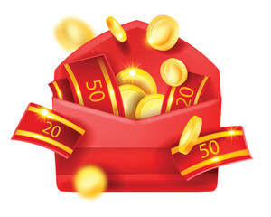 Red Chinese 3D lottery envelope, flying golden money coins, sale voucher, lucky coupon gift. Giveaway promo discount, holiday promotion advertisement oriental design. Open red envelope, paper ticket