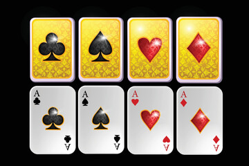 Poker card set, vector luxury gold ace, casino game icon set, vintage back ornament, clubs spades. Retro Vegas UI element, traditional 3D paper front rear side design. Poker card hearts, diamonds