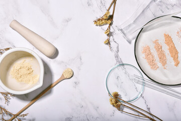Cosmetics and laboratory scientific glassware, Makeup powder shade and tone researching.