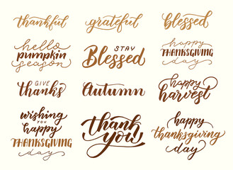 Set of Thanksgiving Day phrases. Inspirational autumn handwritten quotes, lettering, modern brush calligraphy.