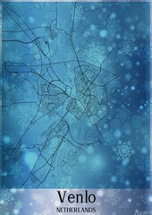 Christmas background, Chirstmas map of Venlo Netherlands, greeting card on blue background.
