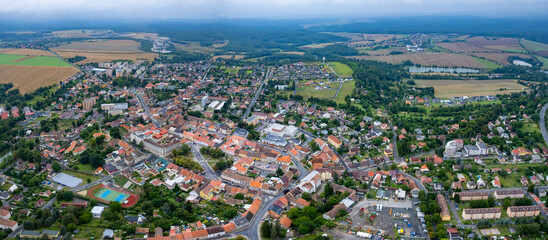 Aerial view of the city Nové Strašeci in the czech Republic on a rainy summer day.